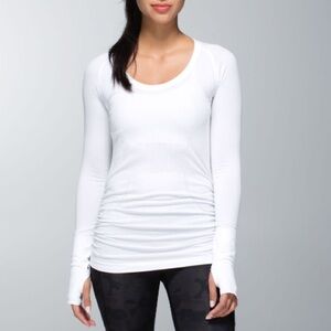 Lululemon Heathered White Run: Swiftly Tech Long Sleeve Scoop *Ruched
